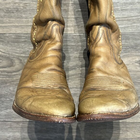 Vintage Dan Post Size 6 C Cowboy Knee Boots Made in Spain Tan Braided 4115 - Picture 3 of 16